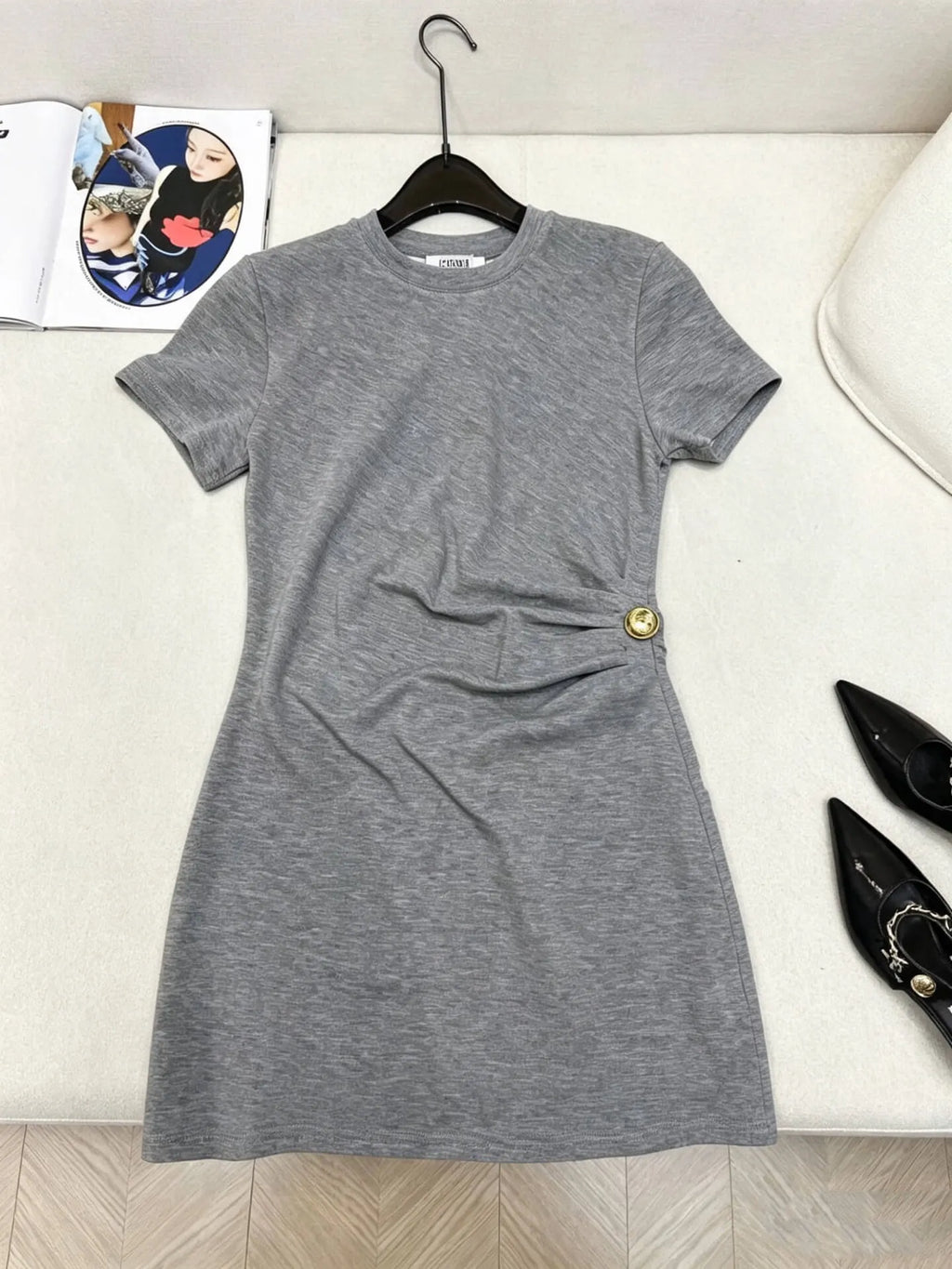Gold Button Waist Short Sleeve Dress