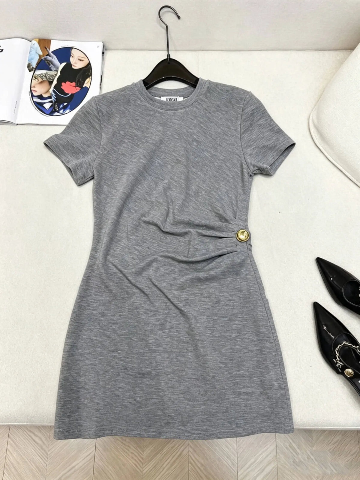 Gold Button Waist Short Sleeve Dress