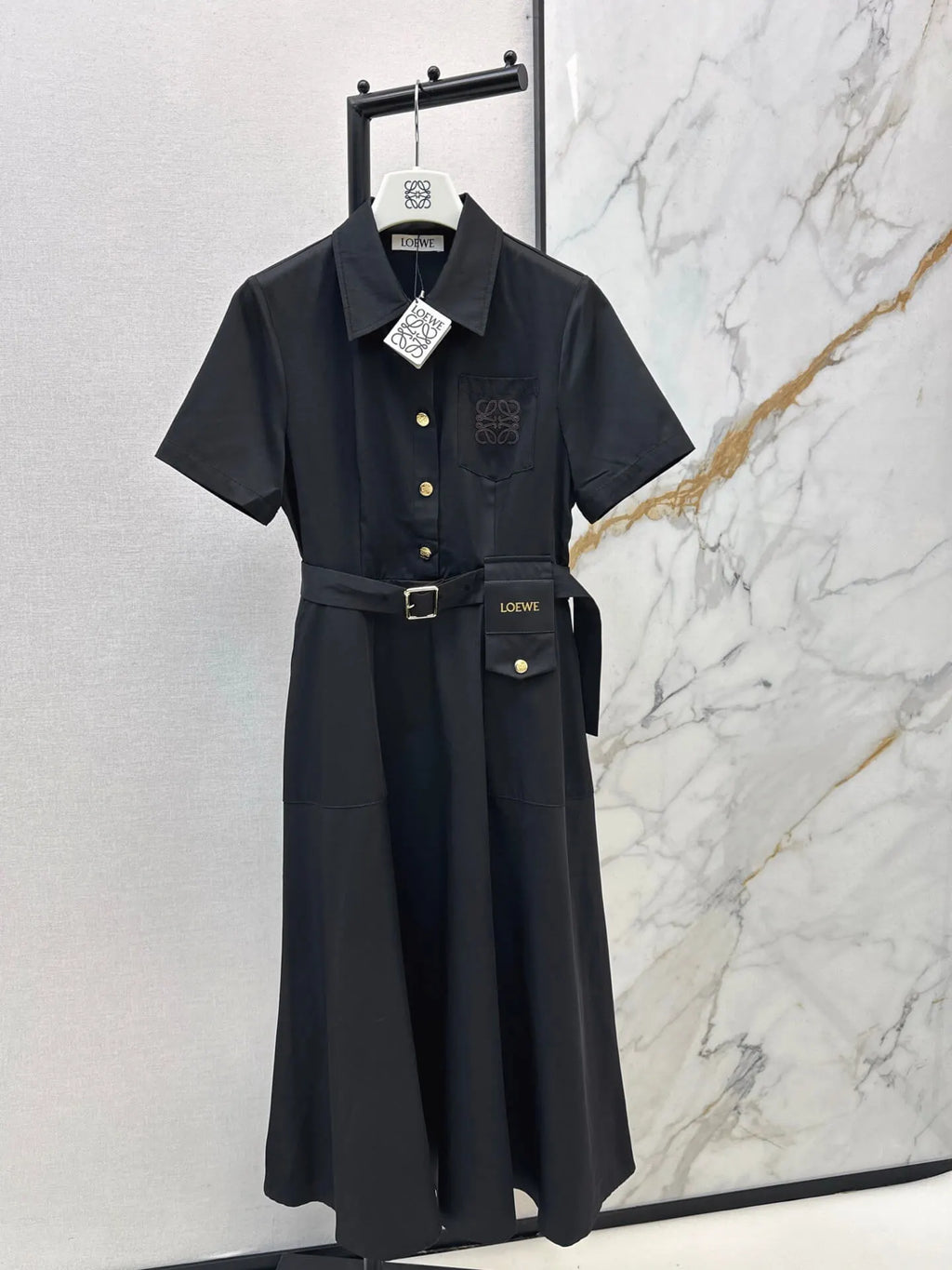 Lapel Short Sleeve Pocket Waist Tie Dress