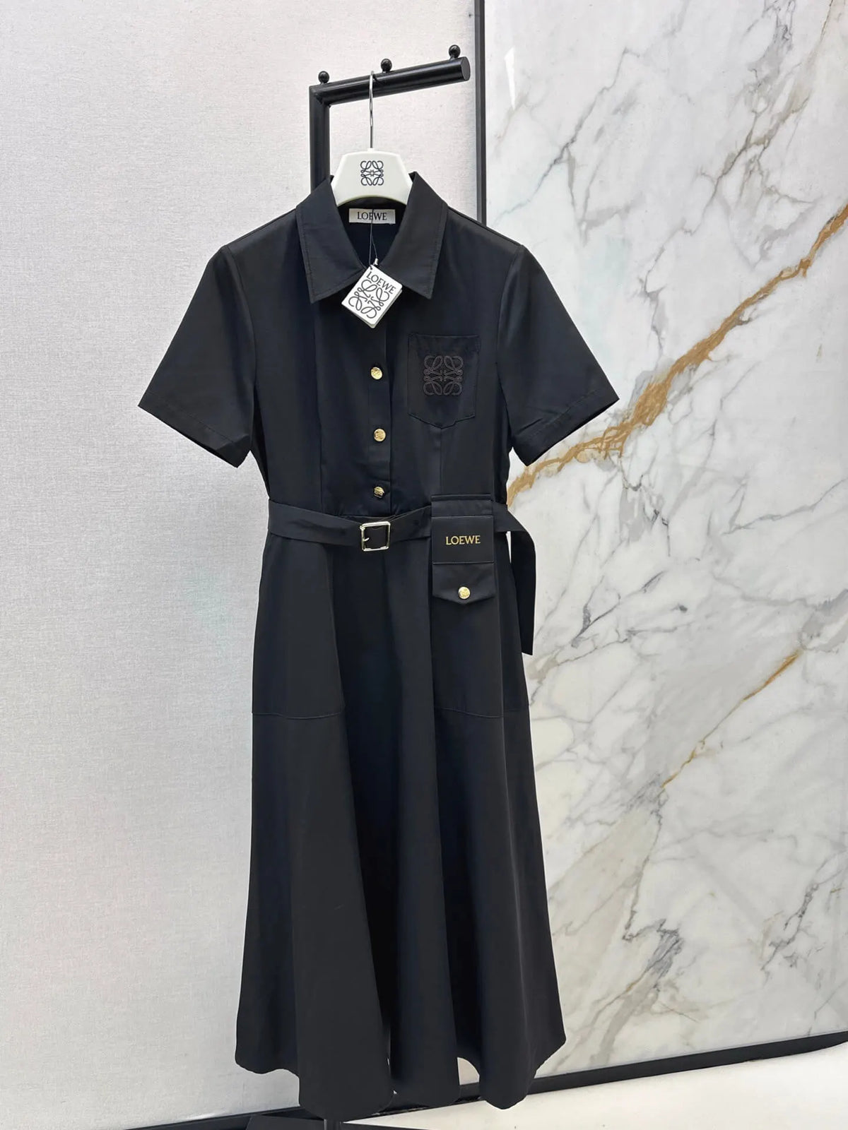 Lapel Short Sleeve Pocket Waist Tie Dress