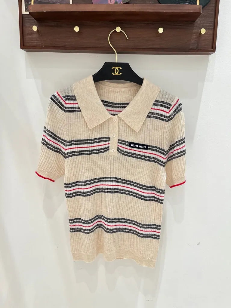 Color Stripe Collar Knit Vest And Top