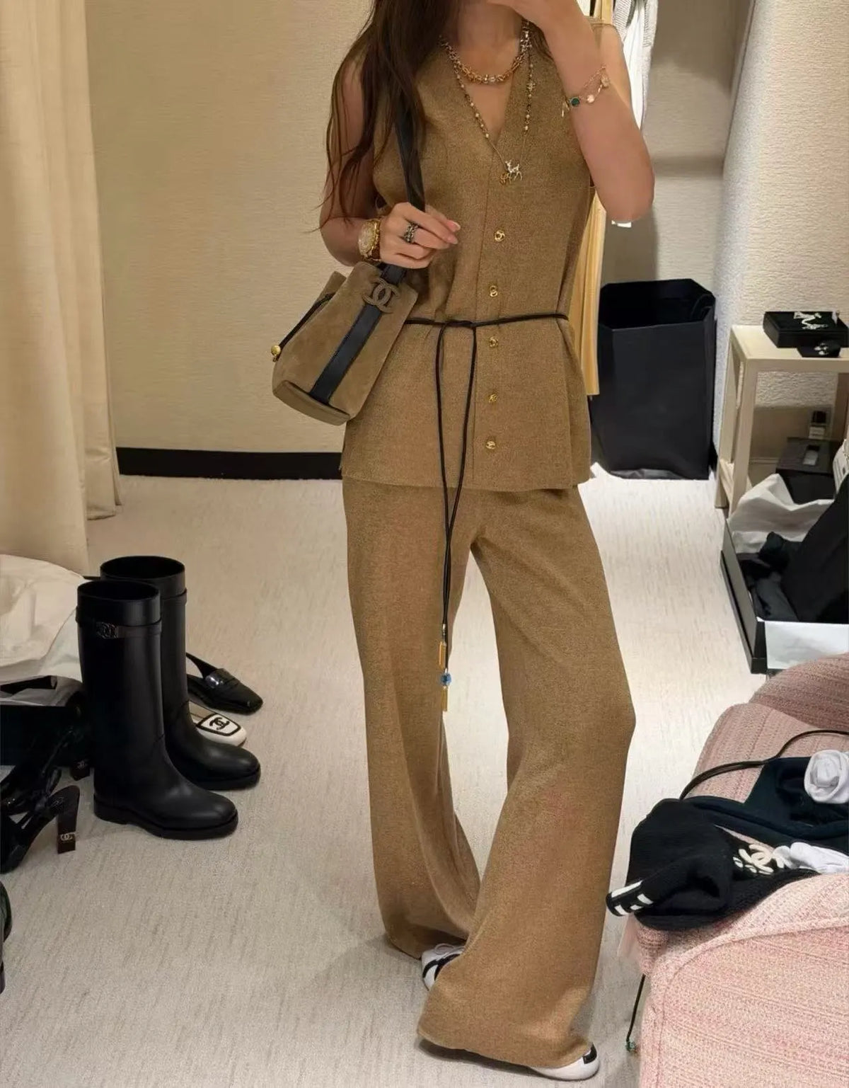 Retro Knit Vest & Wide-Leg Pants Set