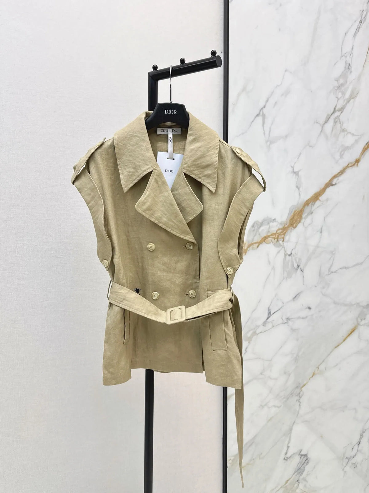 Belted Linen Trench Sleeveless Vest