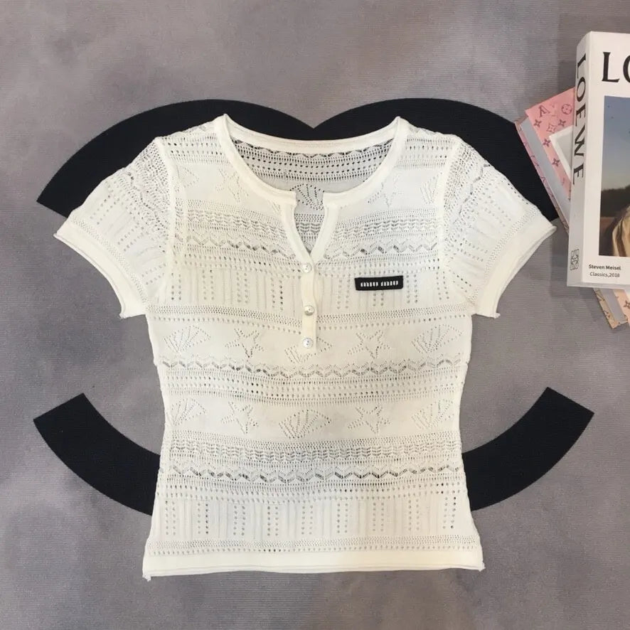 Hollow Stripe Textured Rib Knit Tee