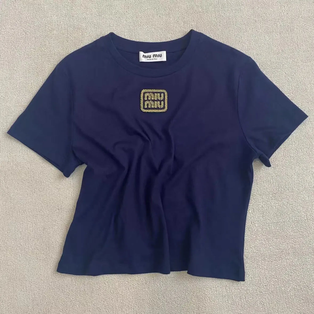 Minimalist Gold Thread Letter Embroidery T-Shirt