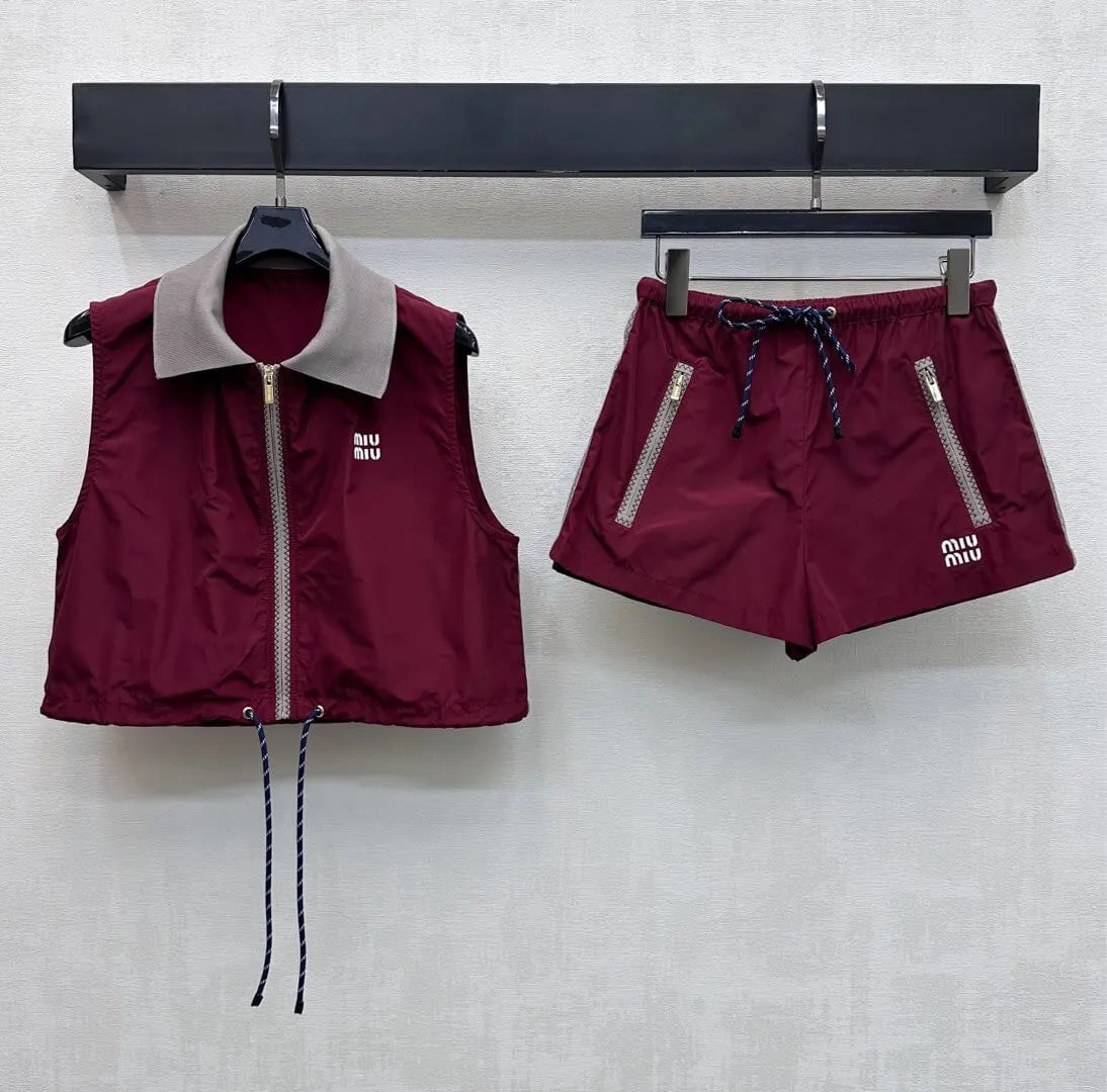 Burgundy Nylon Casual Sports Matching Set