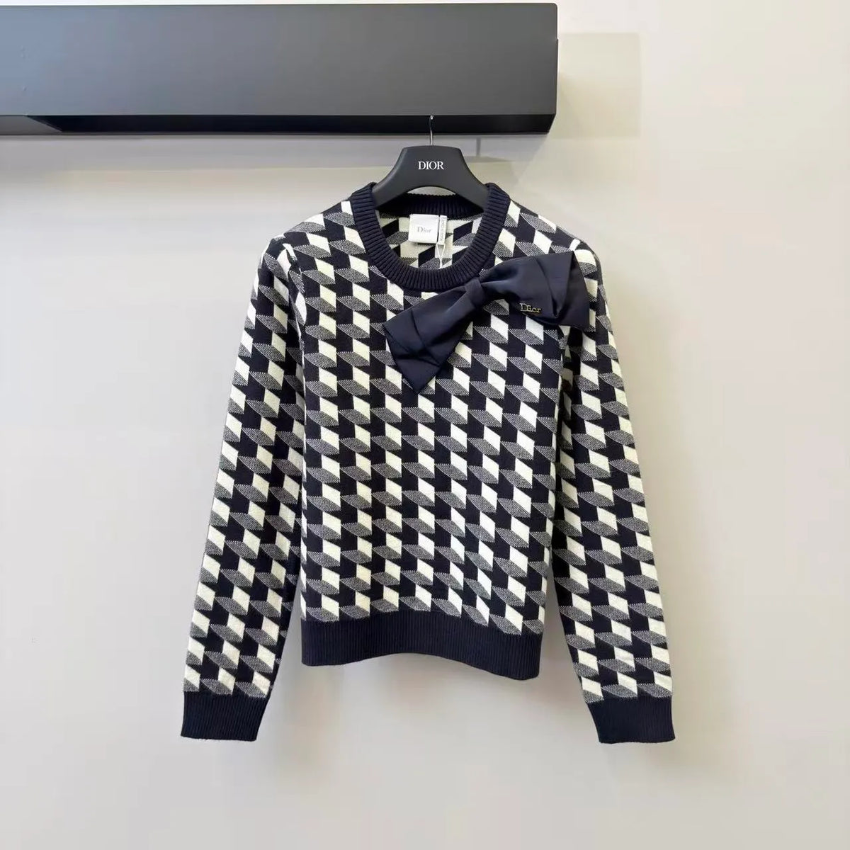 Houndstooth Bow Knit Long Sleeve