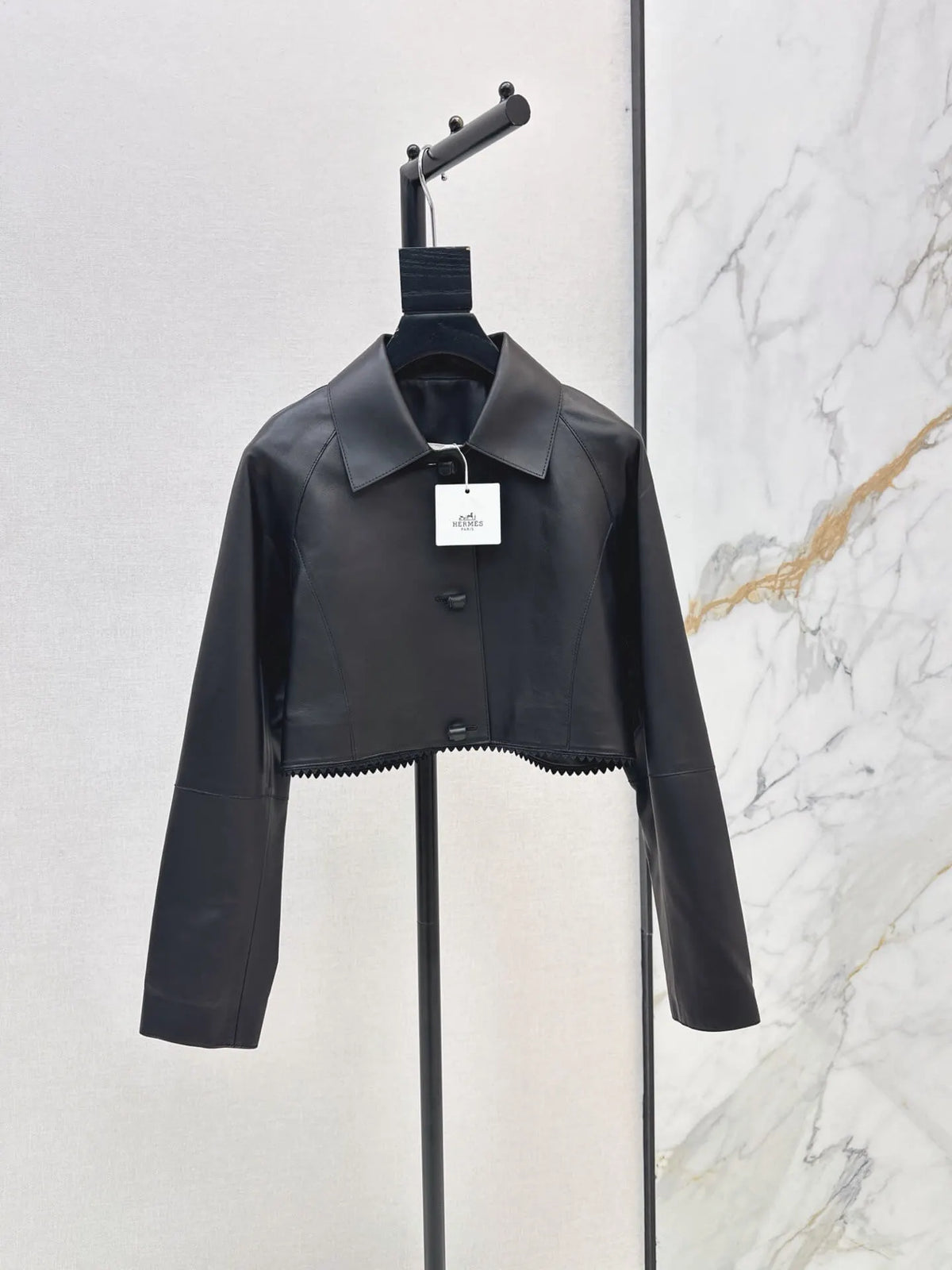 Black Cropped Leather Jacket Skirt Set