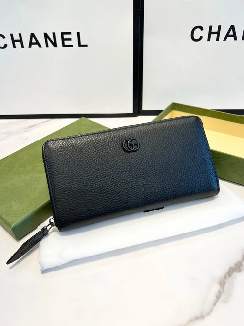 Black Grained Leather Long Zip Wallet