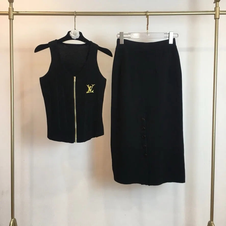 Slim Vest Button Detail Midi Skirt Set
