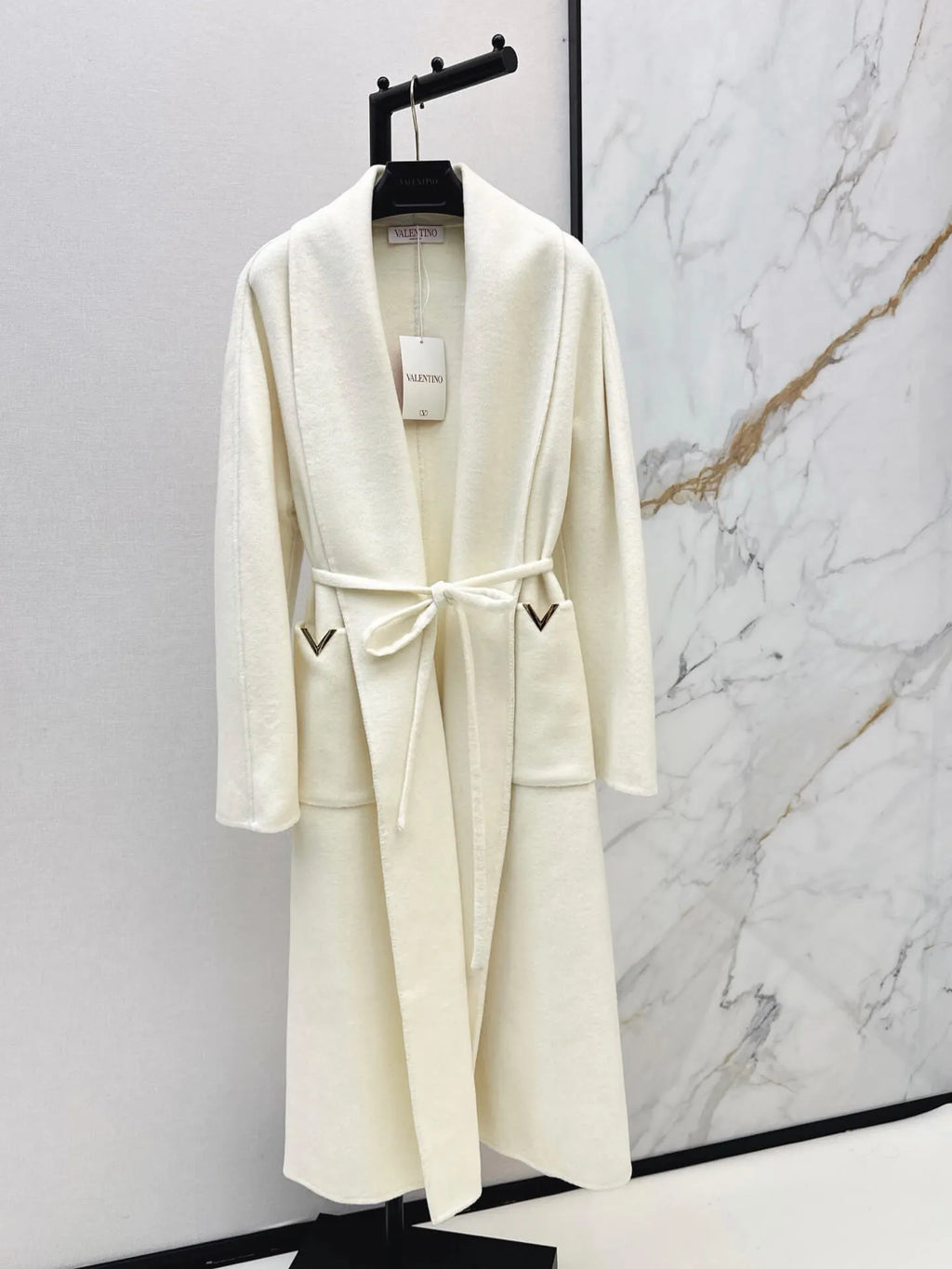 V Detail Belted Wool Long Coat