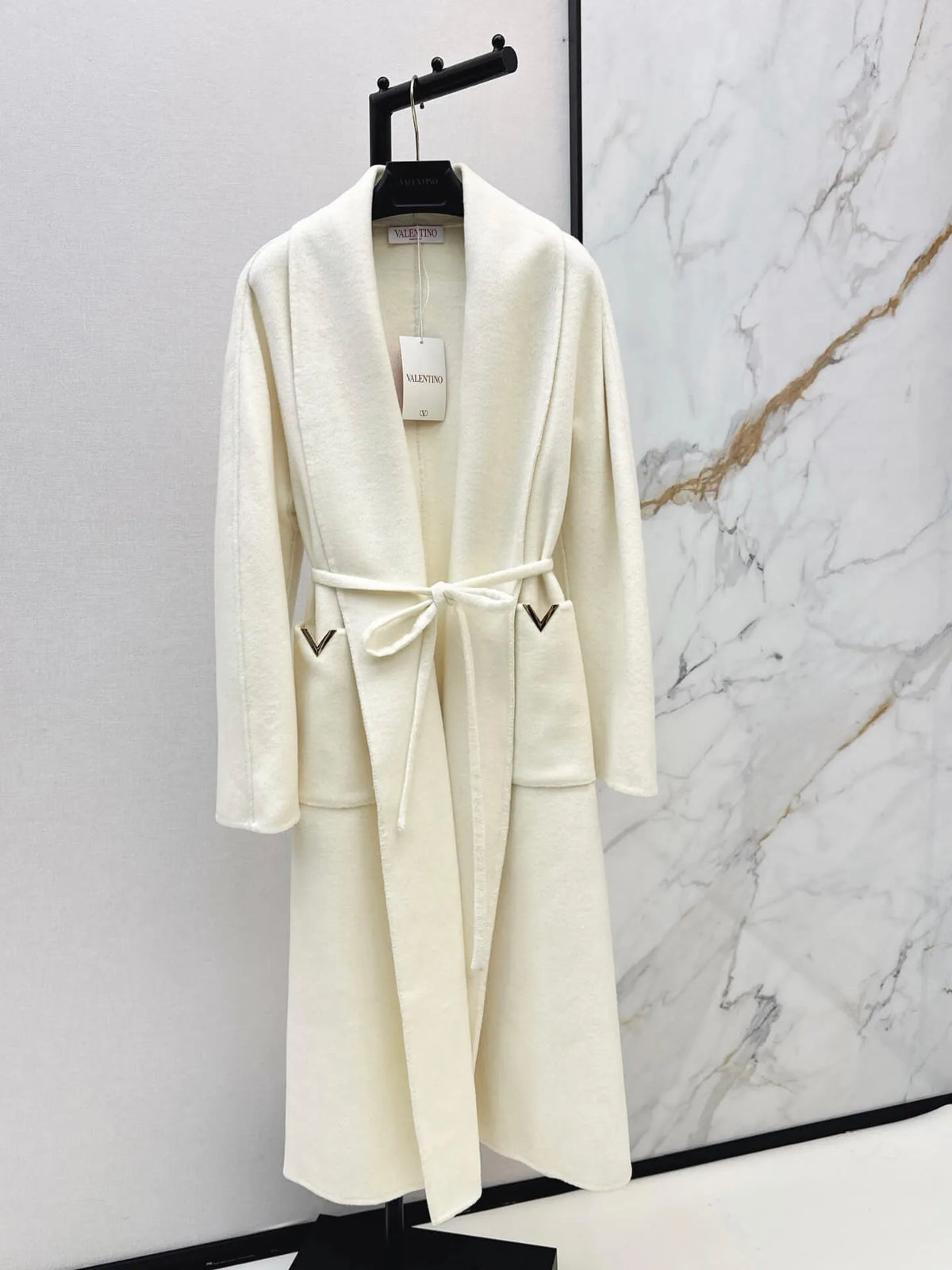 V Detail Belted Wool Long Coat