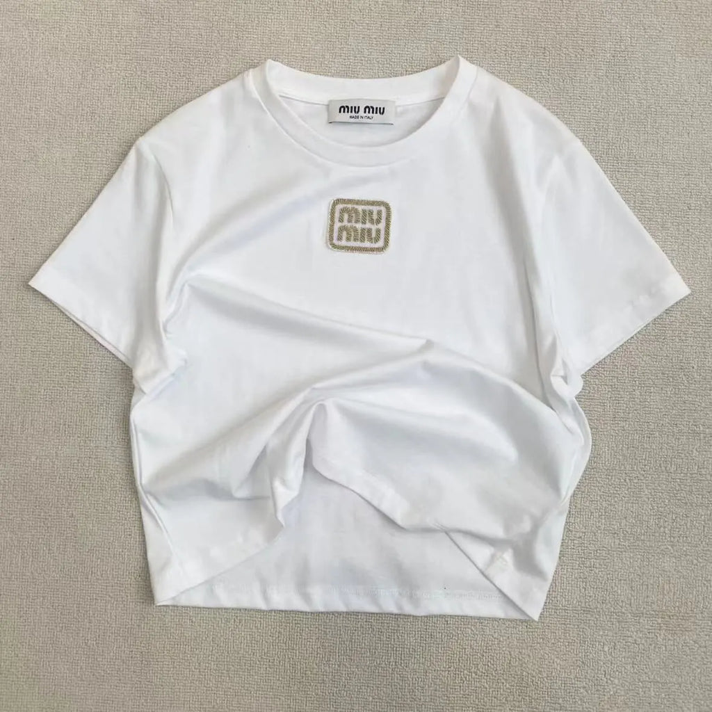 Minimalist Gold Thread Letter Embroidery T-Shirt