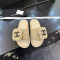 Zippered Pocket Beige Denim Fabric Sandals