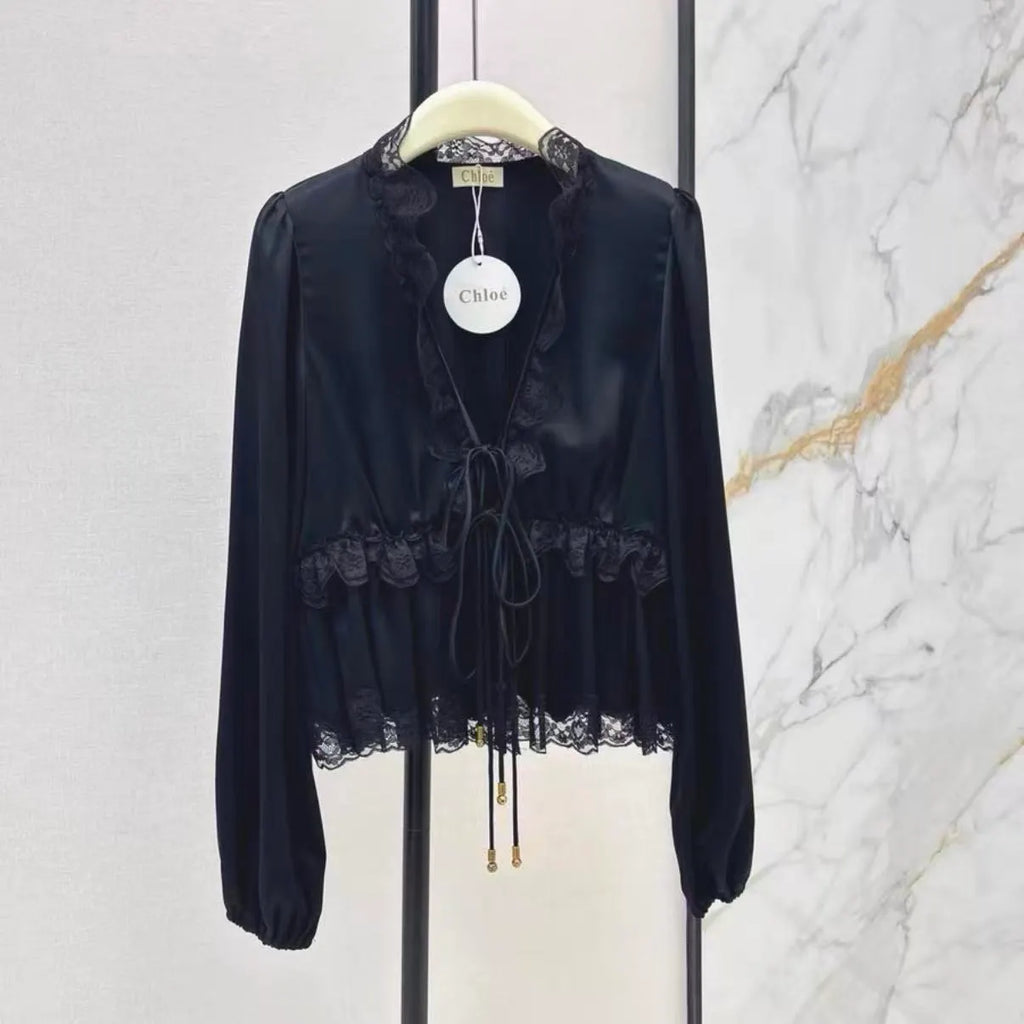 Chest Tie V-Neck Lace Blouse