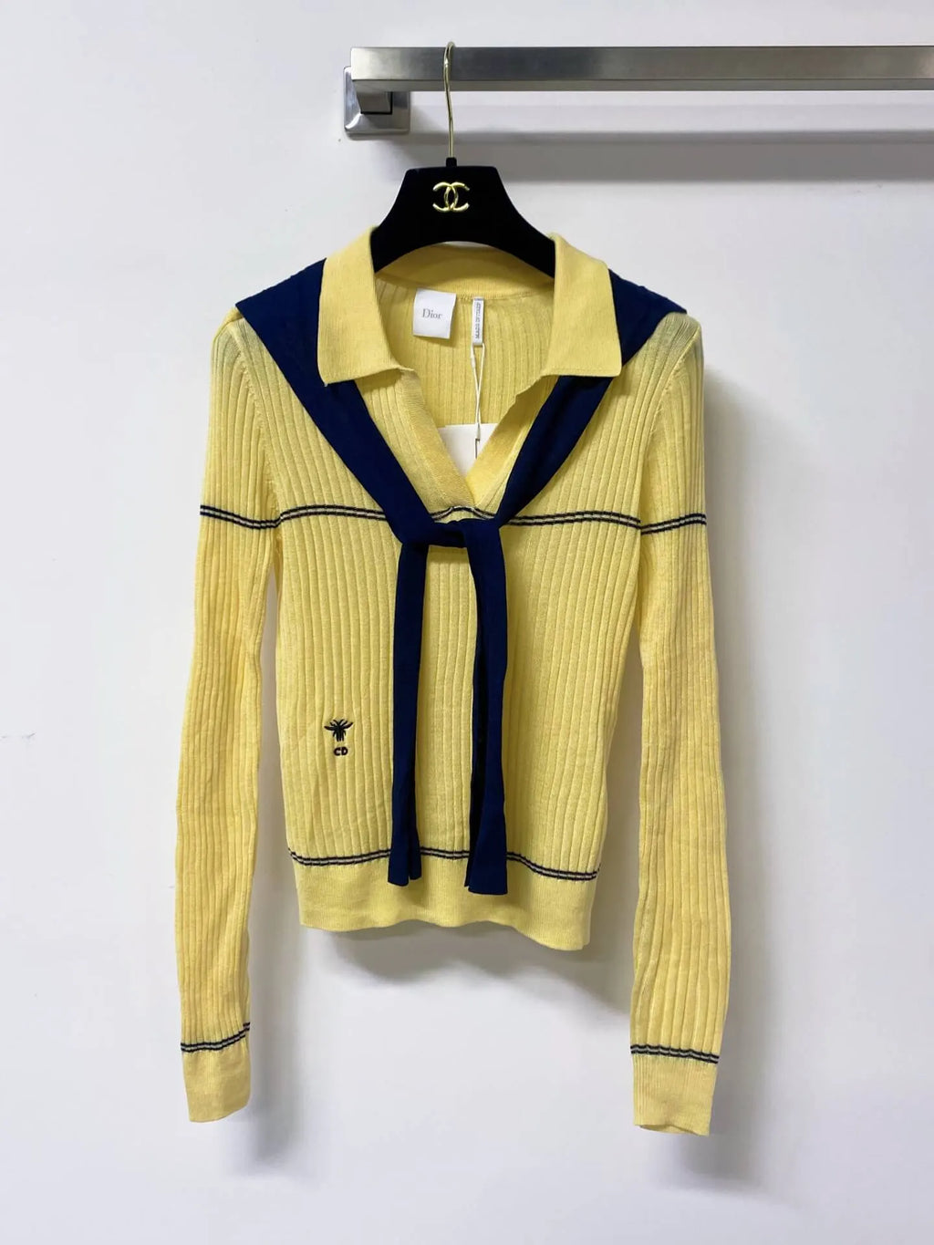 Nautical Tie Shawl Rib Knit Long Sleeve Top