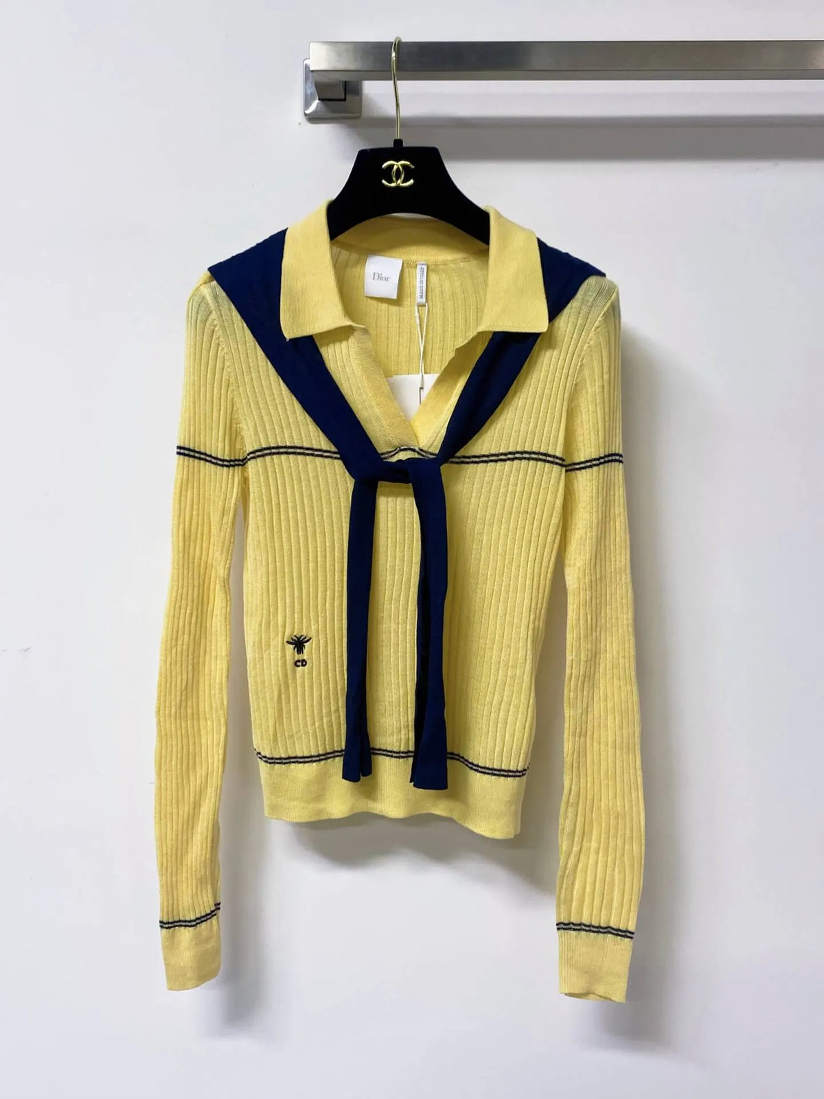 Nautical Tie Shawl Rib Knit Long Sleeve Top