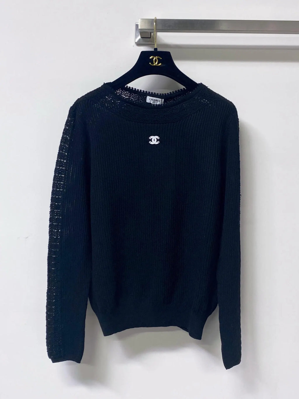 Scallop Neck Hollow Panel Rib Knit Top