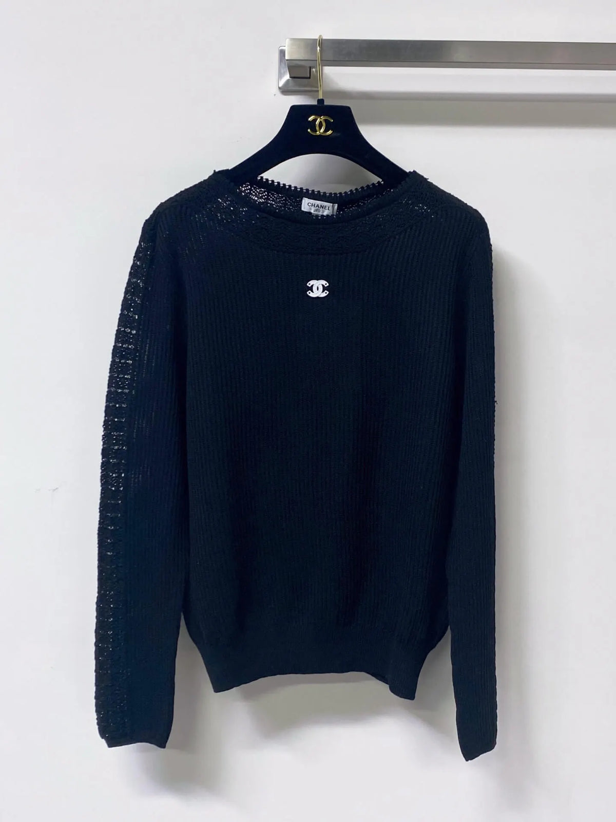Scallop Neck Hollow Panel Rib Knit Top