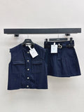 Dark Denim Vest Belted Skirt Set