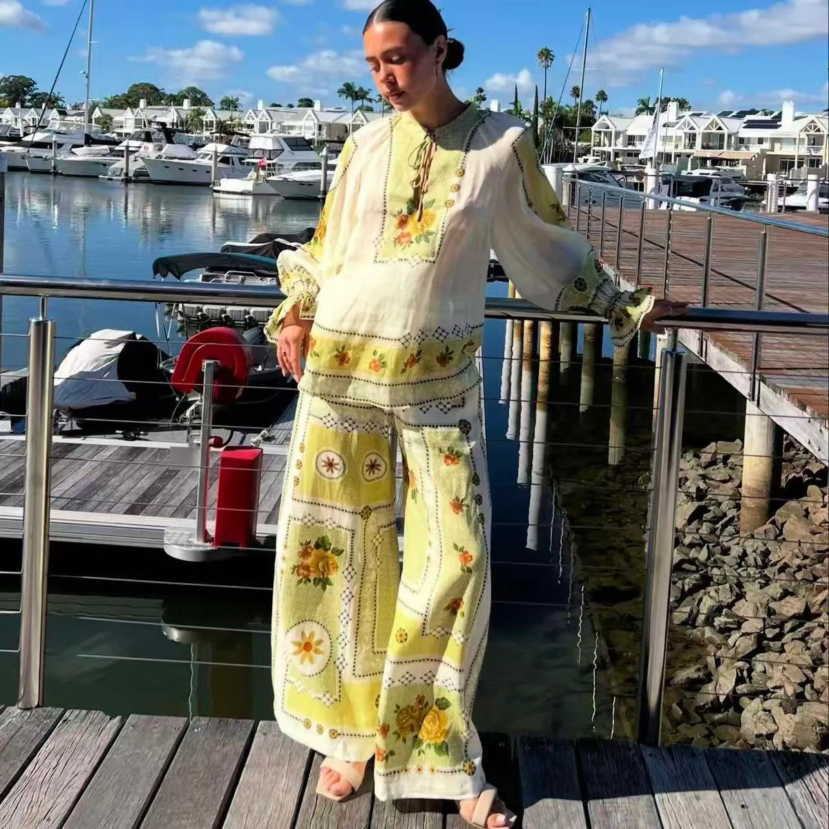 Resort Ramie Shirt and Wide-Leg Pants Set