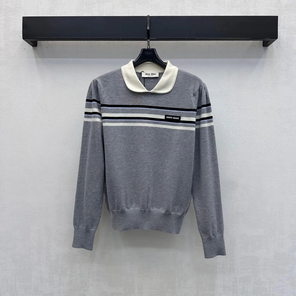 Contrast Collar Striped Knit Top