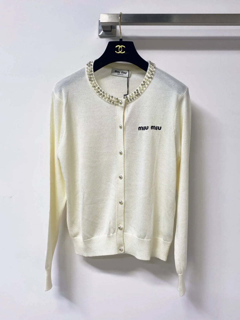 Pearl Trim Embroidered Knit Cardigan
