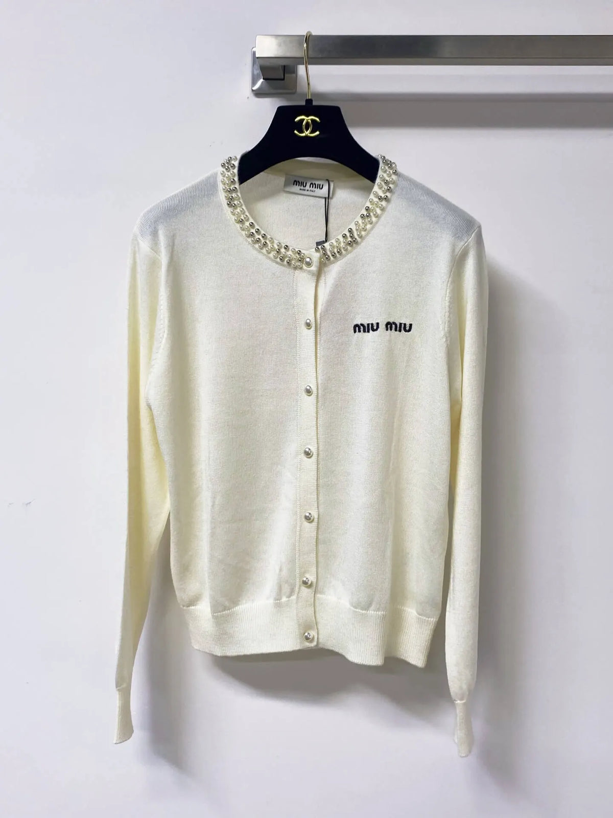 Pearl Trim Embroidered Knit Cardigan