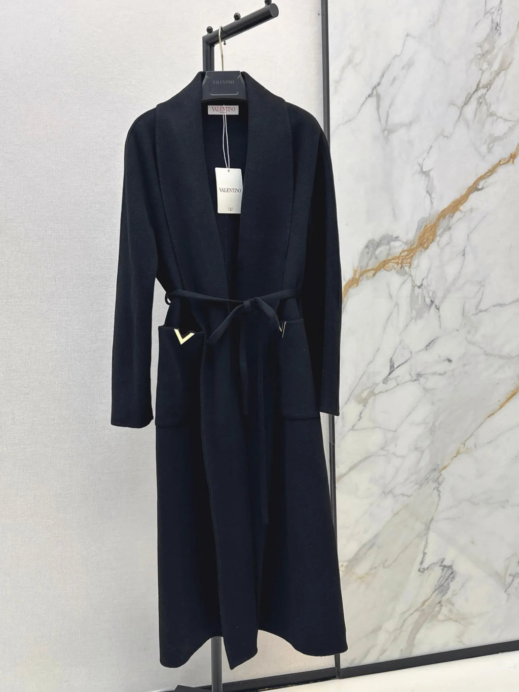 V Detail Belted Wool Long Coat