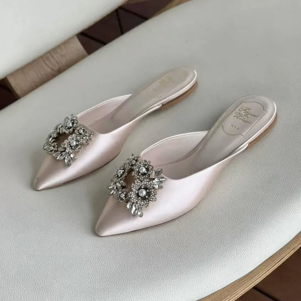 Pearl Snowflake Buckle Diamond Satin Sandals