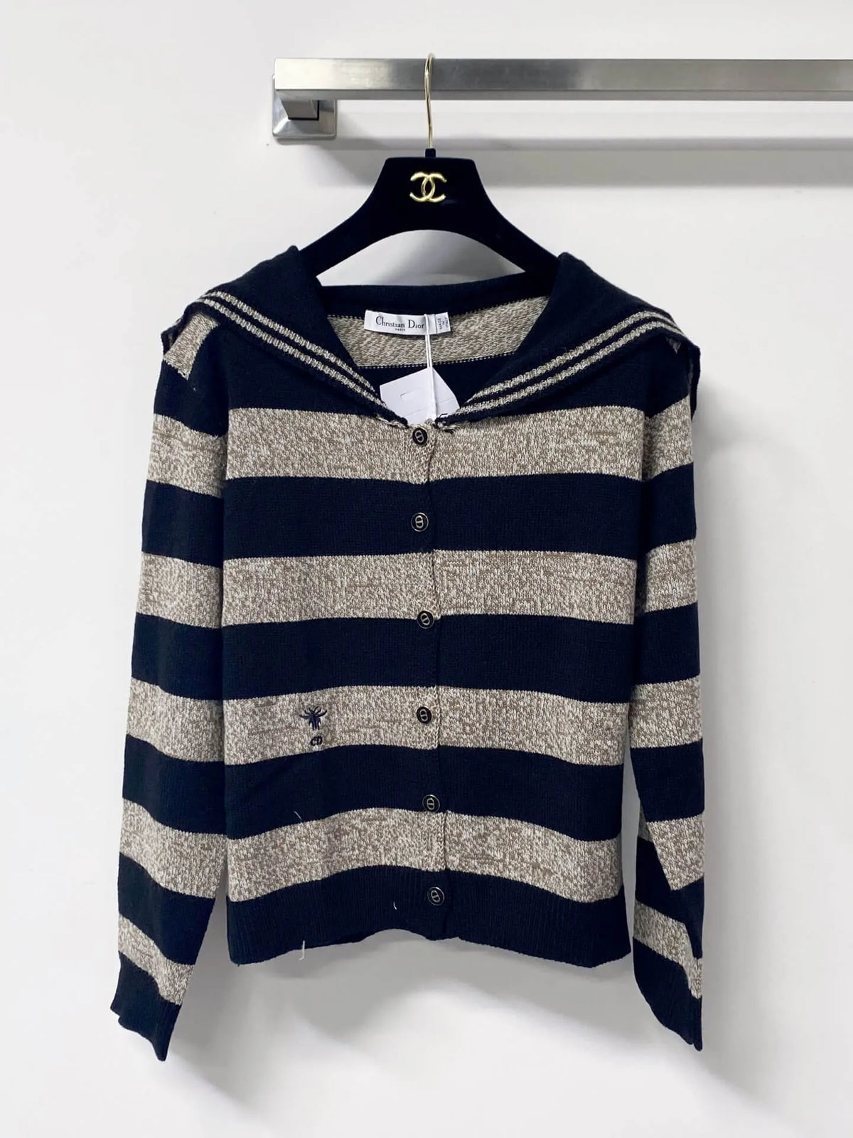 Black Grey Stripe Sailor Collar Cardigan