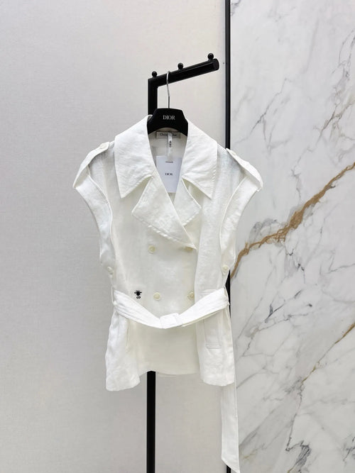 Belted Linen Trench Sleeveless Vest