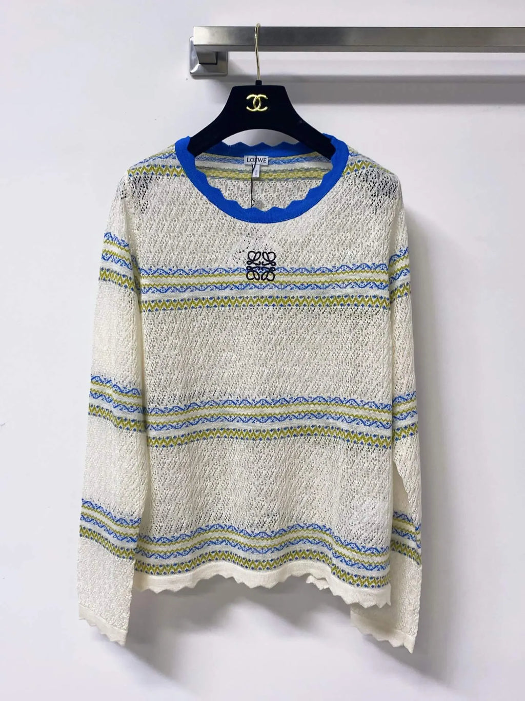 Scallop Neck Striped Hollow Knit Top
