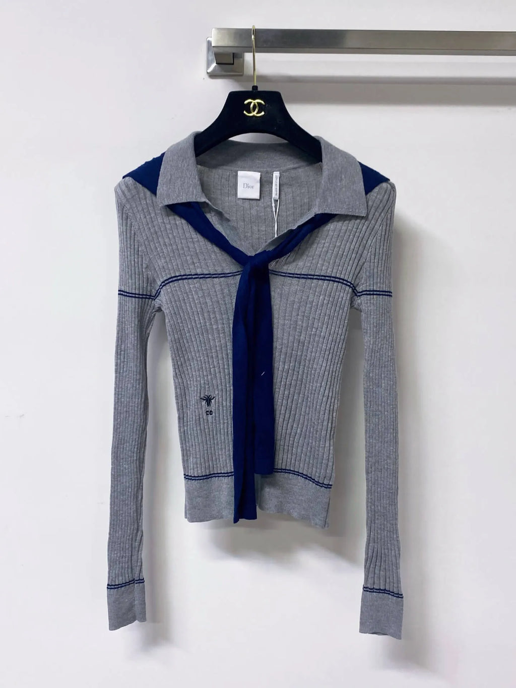 Nautical Tie Shawl Rib Knit Long Sleeve Top