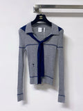 Nautical Tie Shawl Rib Knit Long Sleeve Top
