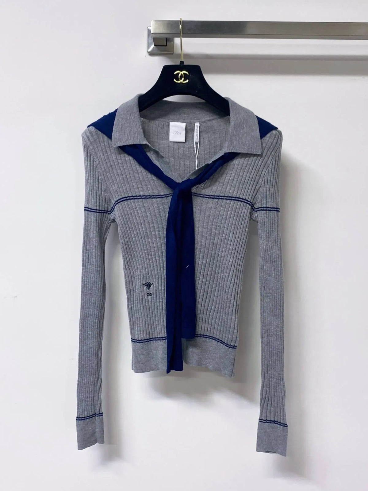 Nautical Tie Shawl Rib Knit Long Sleeve Top