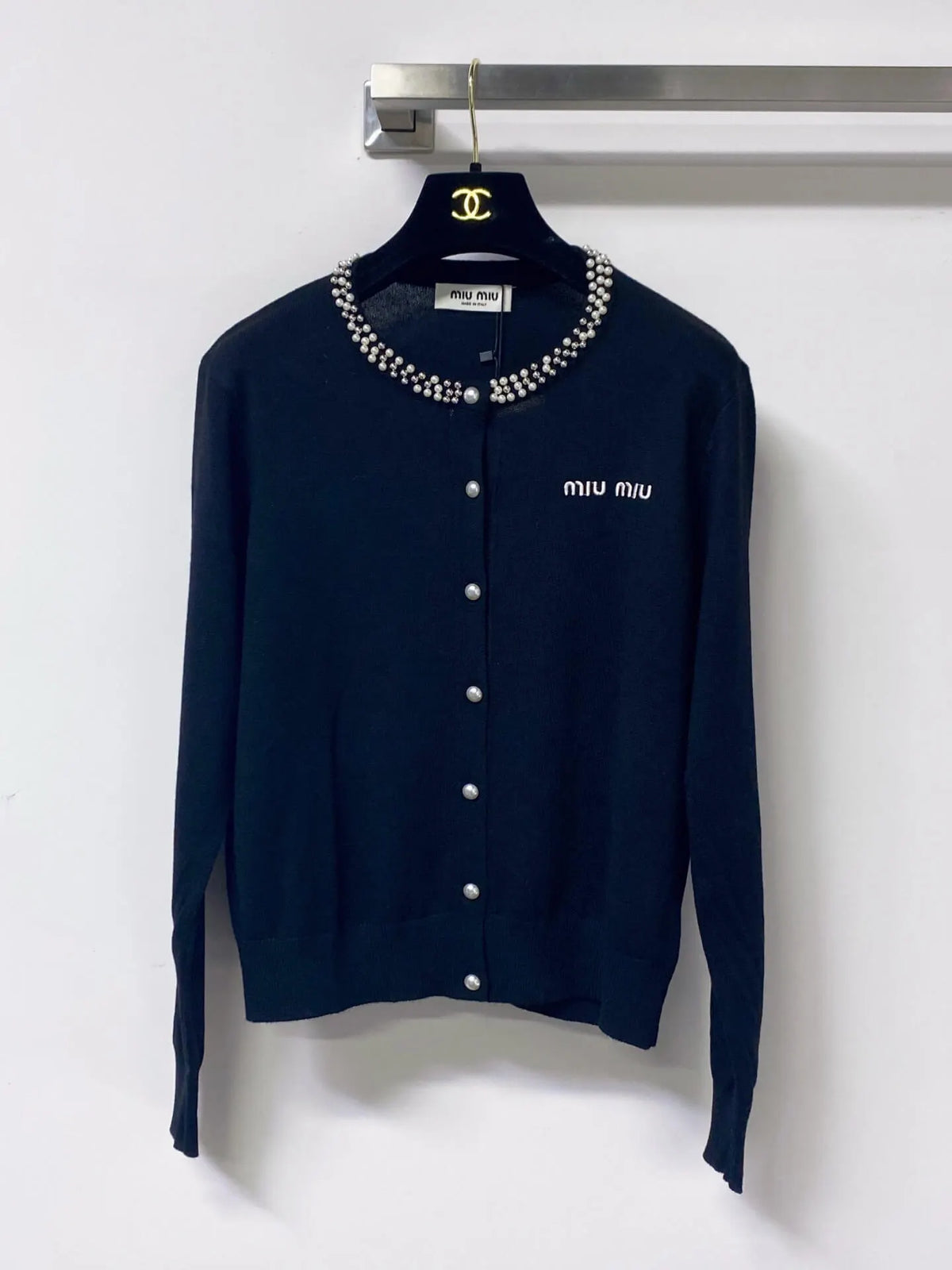 Pearl Trim Embroidered Knit Cardigan