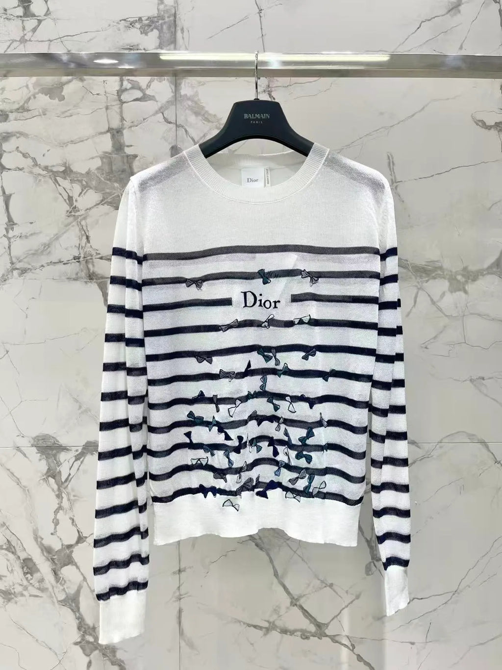 Bow Embroidery Stripe Knit Top