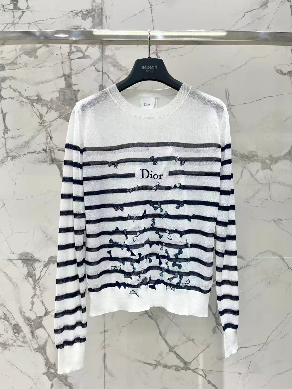 Bow Embroidery Stripe Knit Top