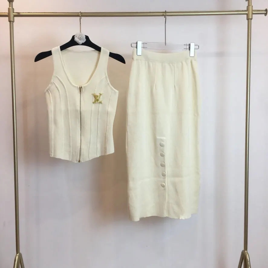 Slim Vest Button Detail Midi Skirt Set