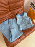 Embroidery Denim Vest Wide Leg Pant Set