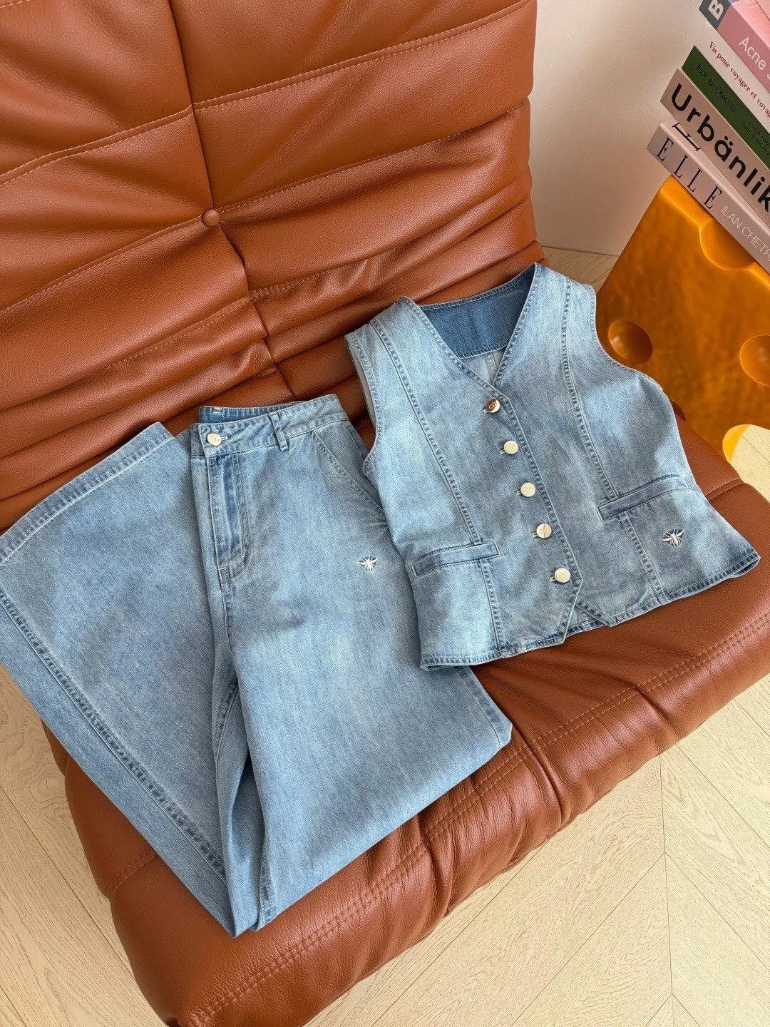 Embroidery Denim Vest Wide Leg Pant Set