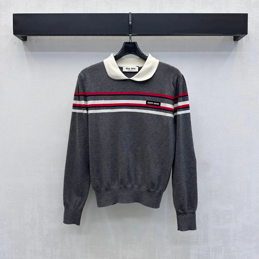 Contrast Collar Striped Knit Top