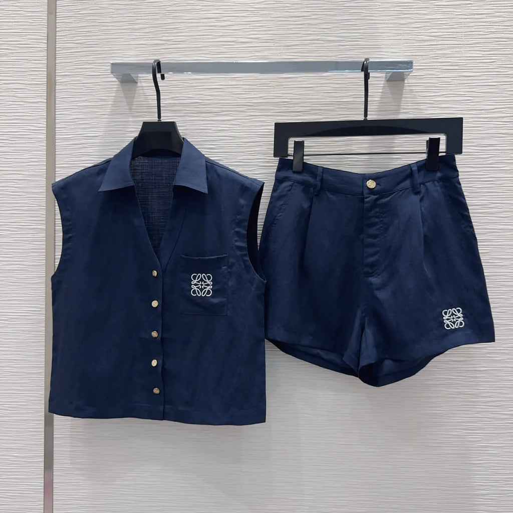 Embroidery Vest Shorts Matching Set