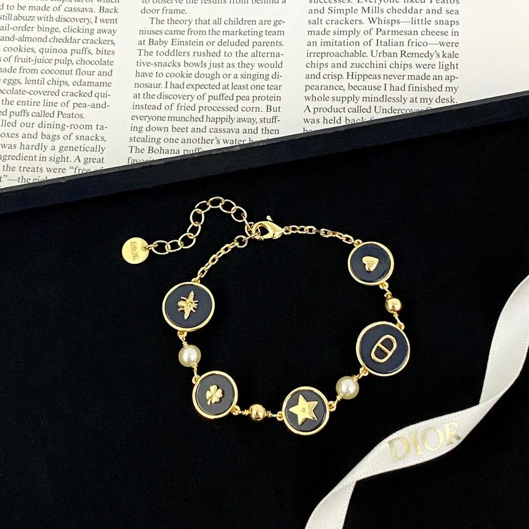 Navy Medallion & Pearl Multi-Charm Bracelet