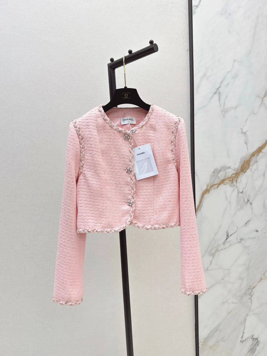Trim Detail Pink Tweed Top