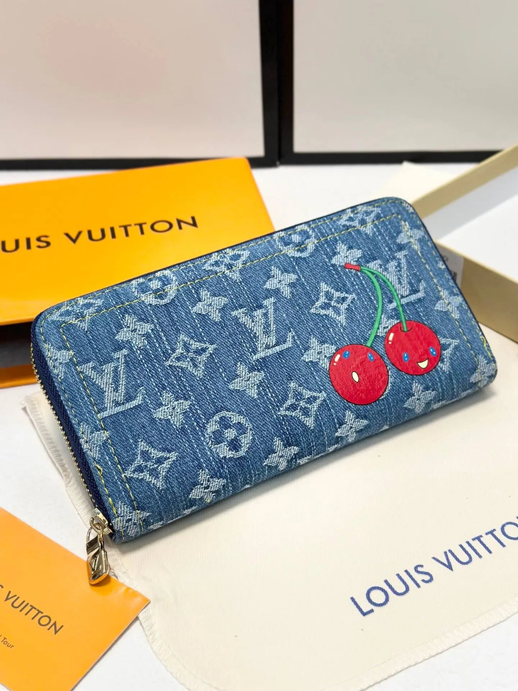 Cherry Denim Zip-Around Wallet