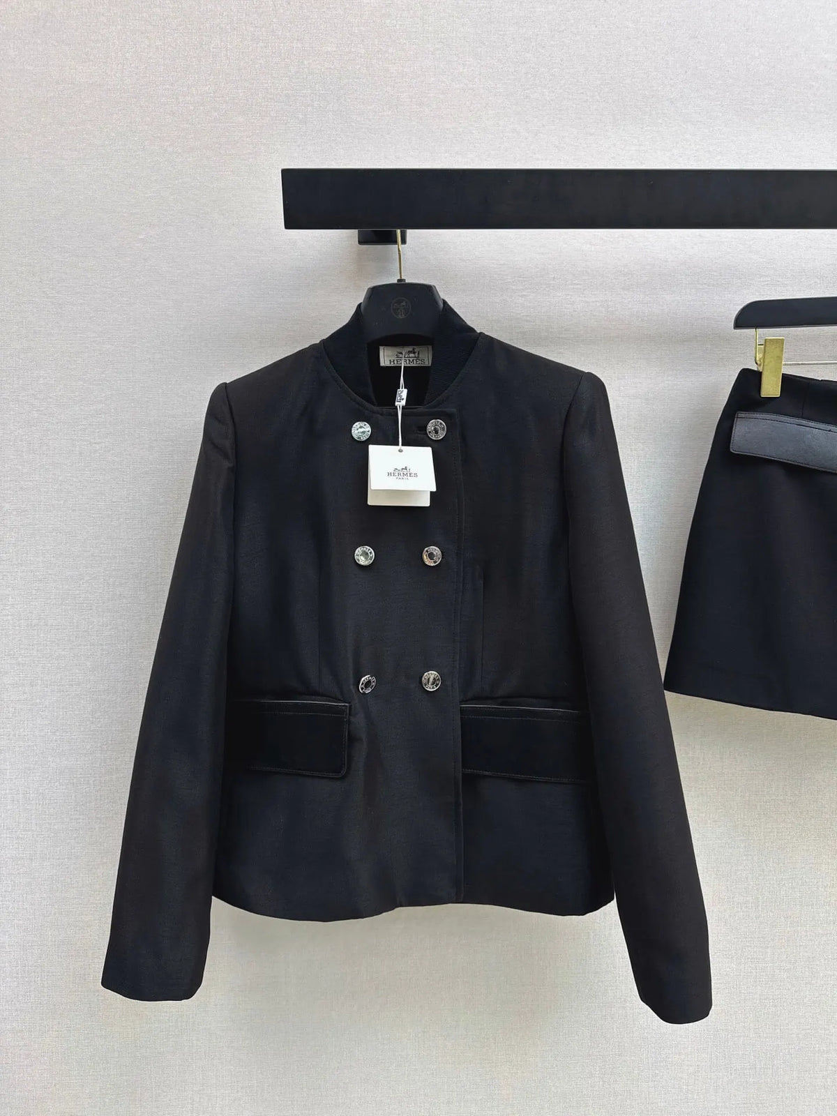 Black Stand Collar Jacket Skort Set