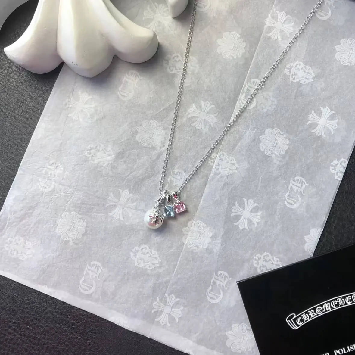 Cross Pearl & Colored Diamond Necklace