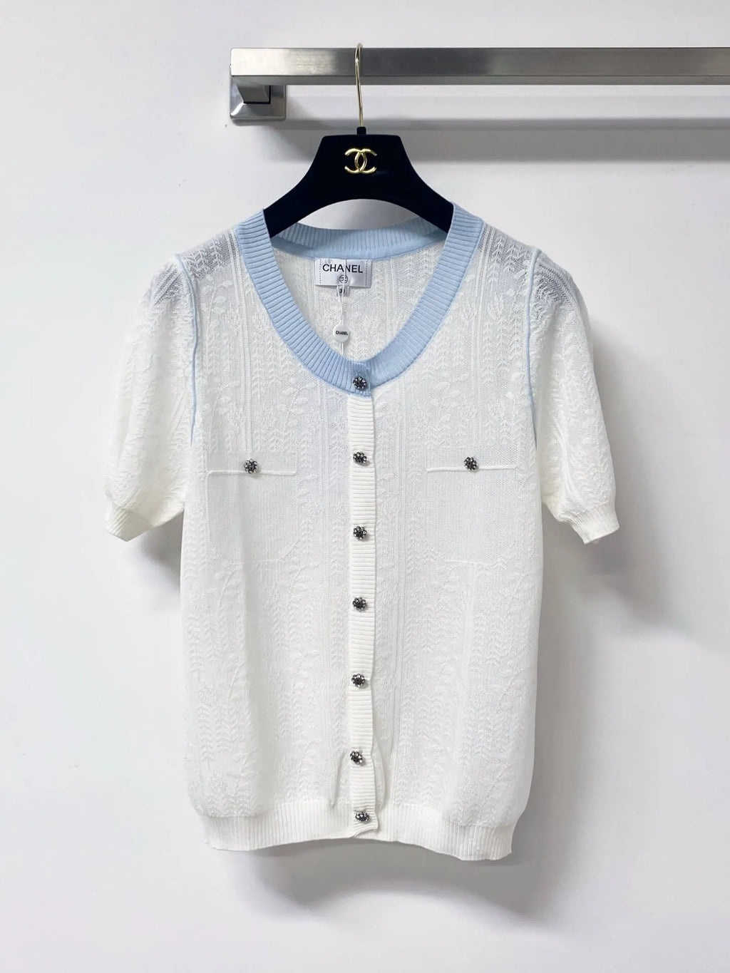 Jacquard V-Neck Short Sleeve Knit Cardigan